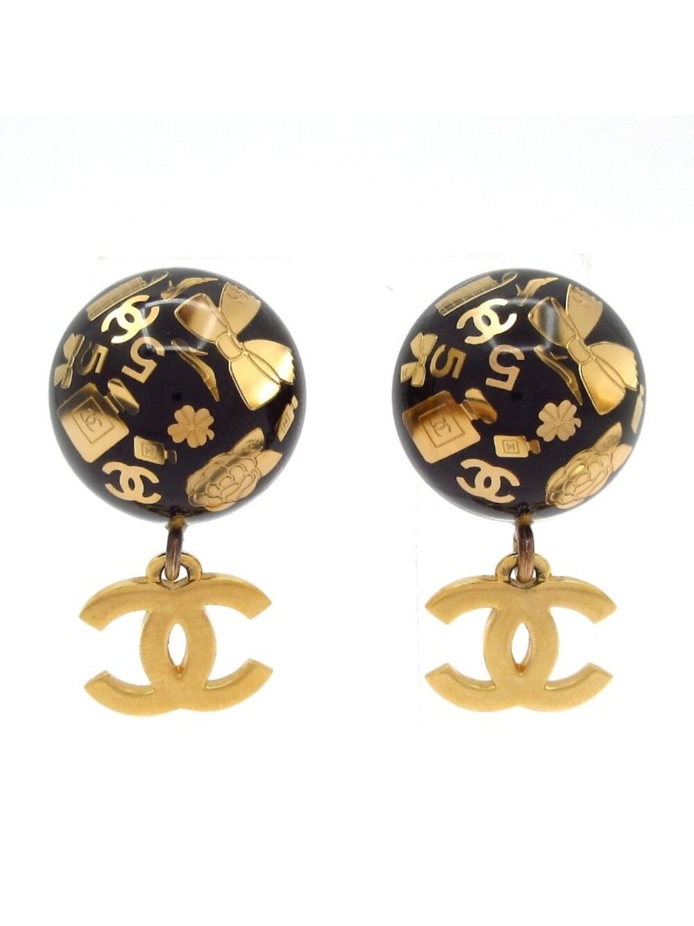 Chanel Earrings No 5 CC Logo Black Gold Ribbon